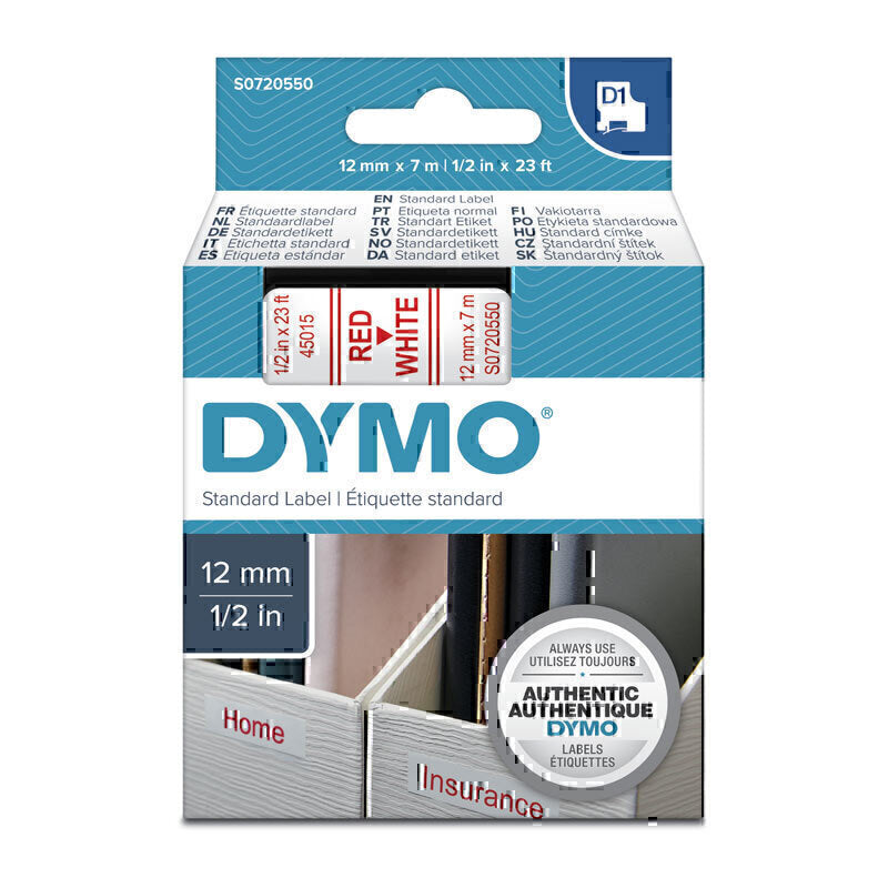 Dymo Red on Wht 12mmx7m Tape