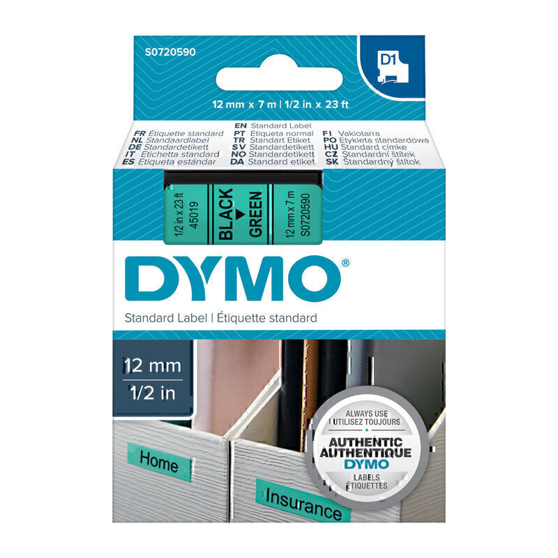 Dymo Blk on Grn 12mmx7m Tape - Digico